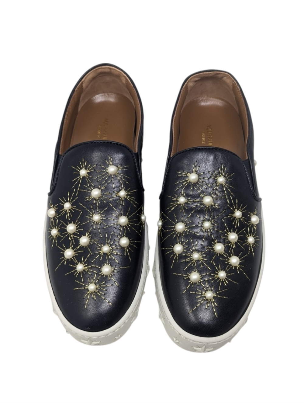 Aquazzura Black Embroidered Cosmic Pearl Embellished Star Slip On Sneaker EU 37